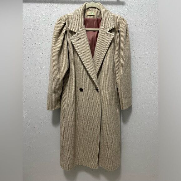 VINTAGE Jill Jr Pinstripe Wool Mid Length Coat OS Pleated Shoulders Neutral - Picture 7 of 16